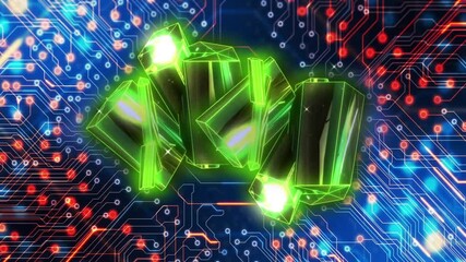 Poster - Glowing green crystals animating over electronic circuit board background