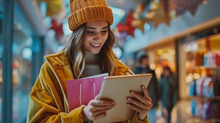 Young woman wearing a yellow jacket and a hat smiles as she shops online on her tablet at the mall. She's holding shopping bags, suggesting that she's already done some shopping.