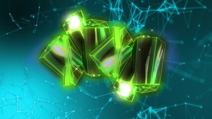 Poster - Glowing green crystals and network connections animation over blue background