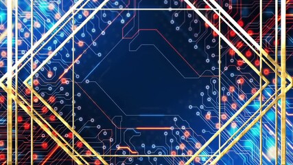 Poster - animation of glowing lines and circuit board over blue background