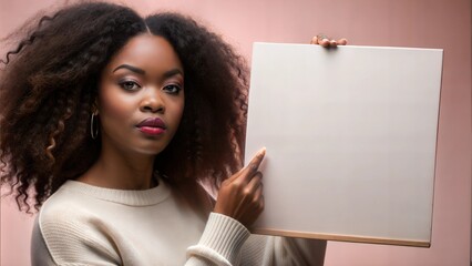 Dark-skinned African-American woman holding a blank sign with writing on a soft background.Mockup poster blank for presenting your design,logo or illustration