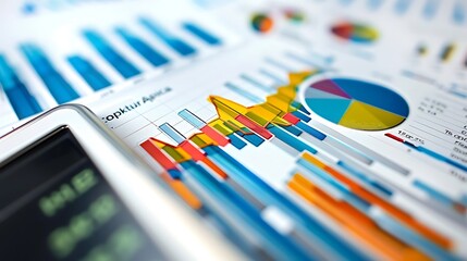 Poster - Close-up shot of a financial report with colorful charts and graphs depicting business performance and data analysis.