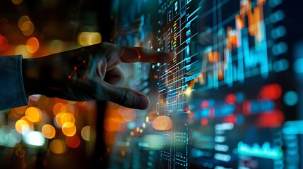 Poster - Hand interacts with a digital screen showcasing a data visualization. The display shows various graphs and charts representing data flow and information analysis.