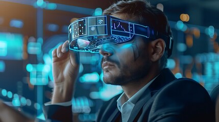 Poster - Man is wearing a VR headset and looking at a screen. The screen is displaying data and information.