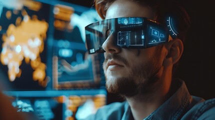 Poster - Man wearing futuristic augmented reality glasses, looking intently at the data displayed on the screens.