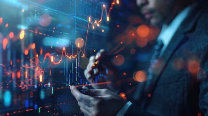 Poster - Businessman analyzes financial data on a digital screen with graphs and charts, showcasing the power of data analytics in modern business.