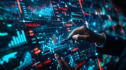Poster - Hand pointing to a screen with business data analysis on a screen with a colorful display of charts, graphs, and statistics represents the data driven decisions made in the corporate world.