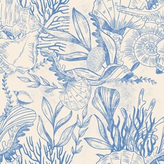 Retro Fabric, Blue Reef Toile Fabric, undersea patterns