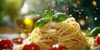 © yanlong - Freshly Cooked Linguine with a Sprinkling of Parmesan, Basil, and Cherry Tomatoes in Olive Oil – A Delectable Celebration of National Pasta Day