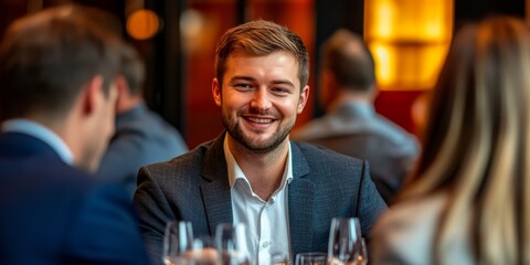 Aufkleber - Corporate networking event with business professionals building partnerships and sharing insights, set in a contemporary environment that highlights the value of connections 