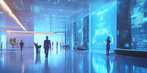 Poster - A futuristic bank lobby with customers interacting with holographic screens and AI assistants for efficient banking and financial management services