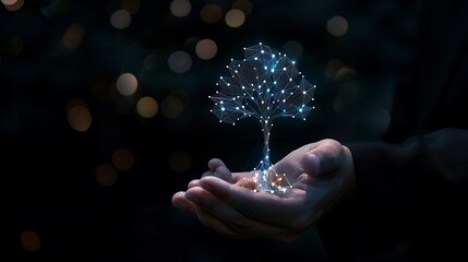 Poster - Digital Tree made of glowing lines and nodes is held in cupped hands, symbolizing growth and progress in a tech-driven world.