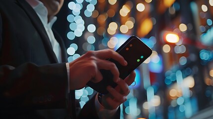 Poster - Man in a suit uses his smartphone in the city at night, with a background of blurry city lights.