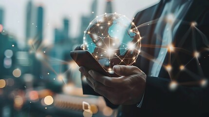 Poster - Businessman holds a smartphone with a glowing globe, symbolizing global connectivity and the power of technology.