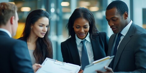 Aufkleber - Diverse group of business professionals in a high-rise office planning and strategizing for future growth, focusing on effective leadership, investment opportunities