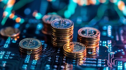 Poster - Close-up view of golden Bitcoin cryptocurrency coins stacked on a circuit board, symbolizing digital currency and financial technology.