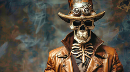 A striking skeleton man dons a leather suit and top hat, exuding steampunk charm against a dark backdrop, perfect for Halloween festivities