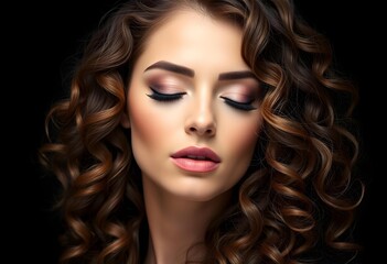 Wall Mural - Elegant Woman with Long Curly Hair and Glamorous Makeup