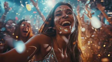 Gorgeous woman in glittery dress partying with confetti in the nightclub