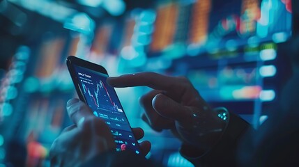 Poster - Close-up view of a person's hand using a smartphone to check stock market data. The screen displays charts and graphs related to financial trading.