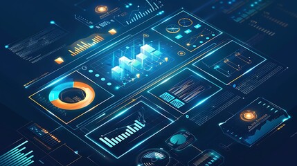 Poster - Abstract Depicting a Futuristic digital dashboard with various data visualizations and graphs displayed on a dark blue background.