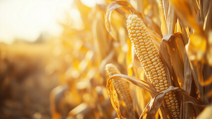 Wall Mural - A close-up of golden corn cobs on the stalk, ready for harvest, with the field stretching out in the background.