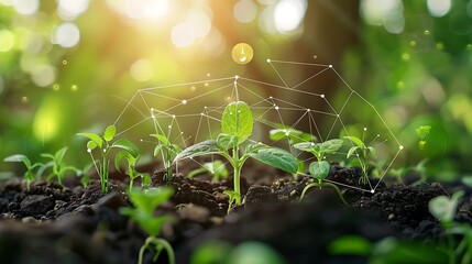 Wall Mural - close-up of young plants growing in soil, with a digital network overlay, symbolizing growth, connec