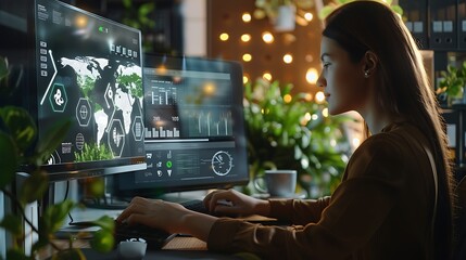 Poster - Woman Working at her desk with multiple computer screens, analyzing data and world map information.