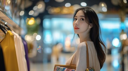 a beautiful modern pan asian woman shopping at jewel changi airport, she is looking at luxury clothes, one hand touching the clothes	