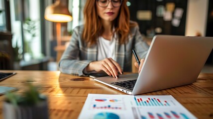 Poster - Businesswoman working on her laptop at a desk with charts and graphs