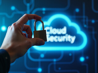 A hand holding a lock in front of a blue background with the words 'Cloud Security'.