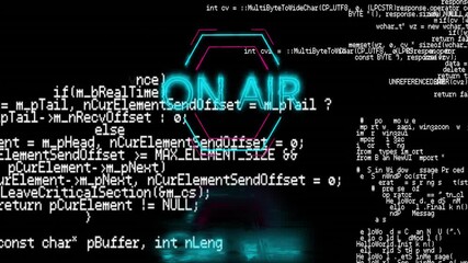 Poster - ON AIR text animation over programming code on black background