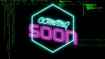 Poster - Coming soon text animation over green coding on black background