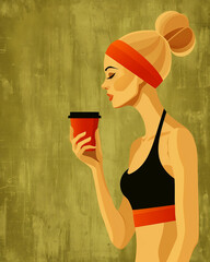 A woman is holding a cup of coffee and wearing a red headband. The image has a vintage feel to it, with a green background and a woman with a ponytail