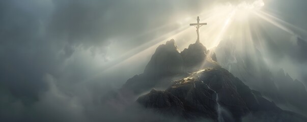 A Crucifixion Scene with Light Rays Through Clouds on a Mountain Peak