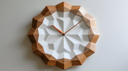 27. A minimalist image with a white background featuring a single decorative wall clock with a unique design, positioned in the center