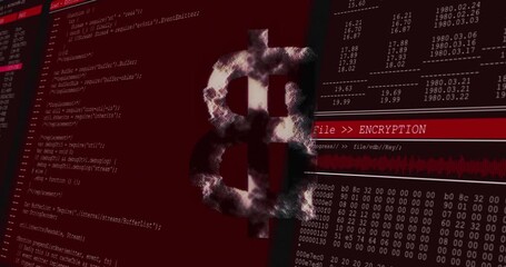Poster - Bitcoin symbol with encryption text animation over computer code and data
