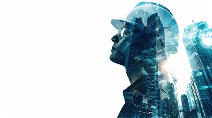 Poster - A man in a hard hat stands in front of a city skyline