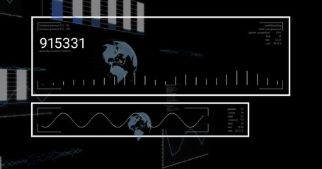 Sticker - Data processing animation over world map and graphs with numerical statistics