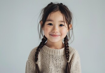 Wall Mural - A smiling young girl with long braids and a yellow sweater stands against a plain background. Her bright eyes and happy expression convey a sense of joy and charm.