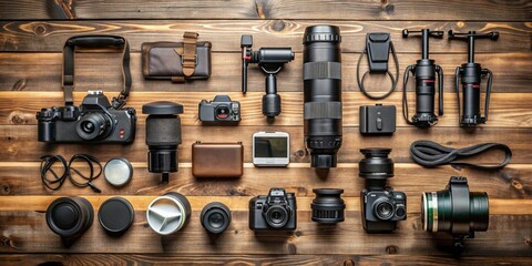 Various photography equipment and accessories displayed on a wooden background , digital camera, charger, camera, lens