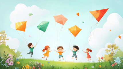 Wall Mural - children playing with kites at the beautiful environment background, happy children's day concept watercolor illustration 