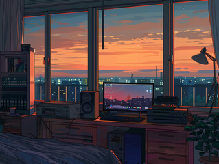 work desk with city views background illustration,beautiful lof animei background