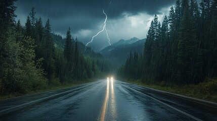 Poster - night road through forest and mountains, rain and storm with lightning