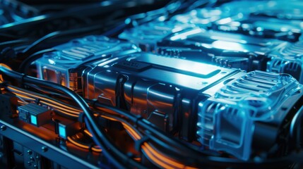 Wall Mural - A close up of a computer chip with wires and a blue plastic casing