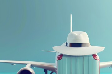 Plane was parked in front luggage bag or baggage with a white hat is placed on top for travel concept design background, 3d illustration