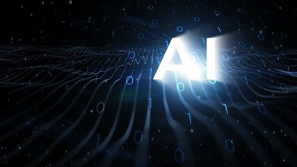 Poster - Artificial intelligence on wavy digital technology cyberspace network animation. Motion graphic of White AI letter and futuristic digital corner lines motion background.	