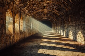 Poster - Sunlight streaming through arched windows of an ancient stone corridor at dusk, casting long shadows on the textured floor. Generative AI