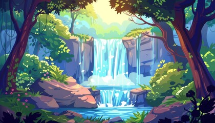 Vibrant summer waterfall paradise. Enchanting autumn waterfall. The beautiful forest of the fairies. Cartoon game illustration background.