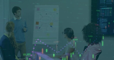 Poster - Financial data and stock market animation over business meeting in office
